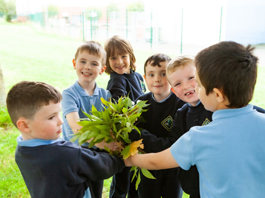 Boys holding bunch of leaves together
