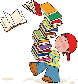 Cartoon boy carrying toppling tower of books
