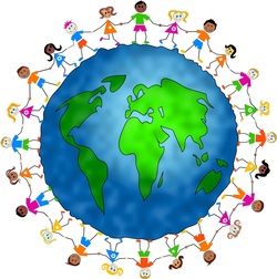 Children holding hands encircling earth